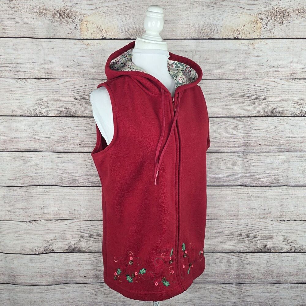 Christopher & Banks Vintage Christmas Hooded Fleece Vest Embroidered Medium - Picture 6 of 8